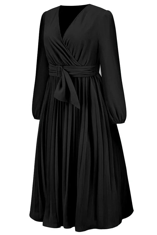 Pleated Belt V-Neck Dress - WEUXS