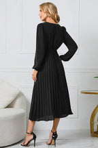 Pleated Belt V-Neck Dress - WEUXS