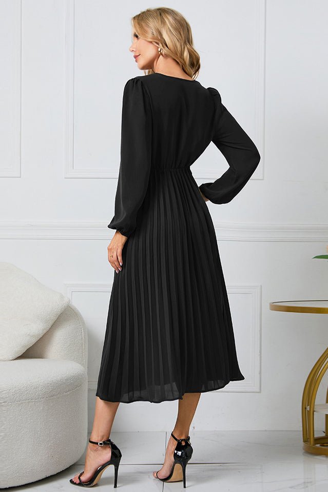 Pleated Belt V - Neck Dress - WEUXS