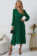 Pleated Belt V - Neck Dress - WEUXS