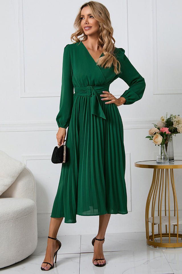 Pleated Belt V - Neck Dress - WEUXS