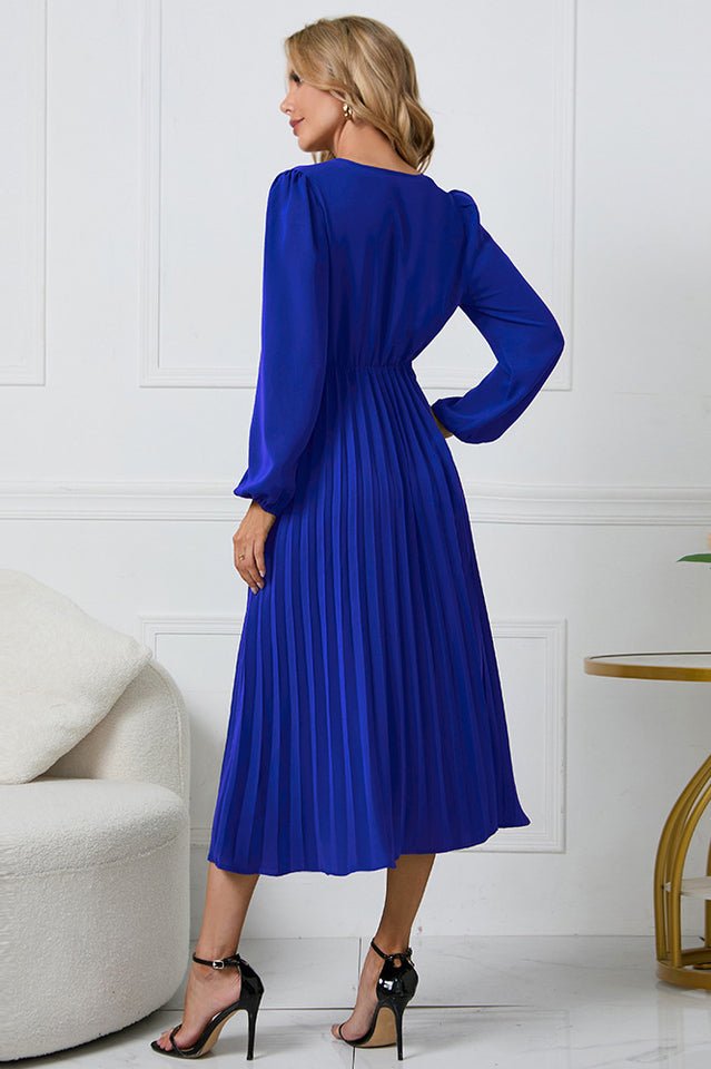 Pleated Belt V - Neck Dress - WEUXS