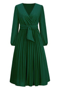 Pleated Belt V - Neck Dress - WEUXS
