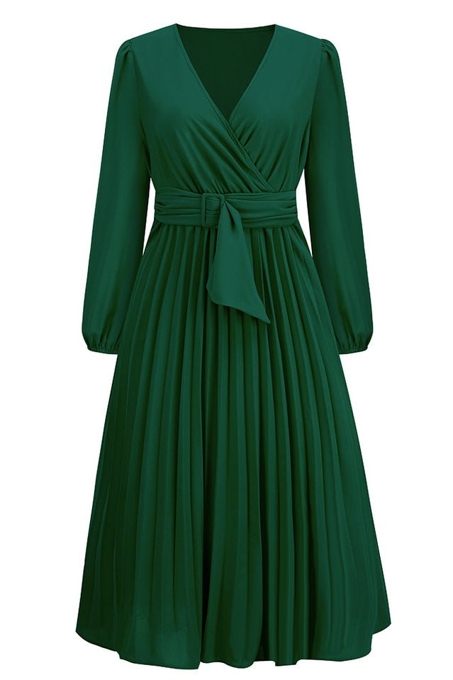 Pleated Belt V - Neck Dress - WEUXS