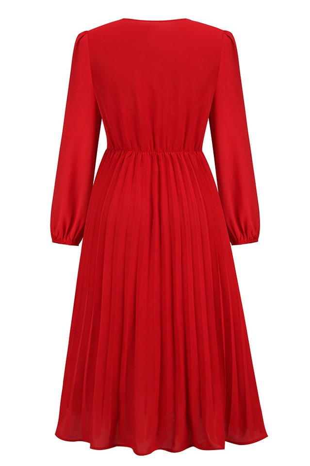 Pleated Belt V - Neck Dress - WEUXS