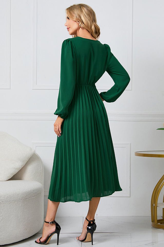 Pleated Belt V - Neck Dress - WEUXS