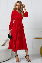 Pleated Belt V-Neck Dress - WEUXS