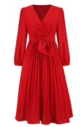 Pleated Belt V - Neck Dress - WEUXS