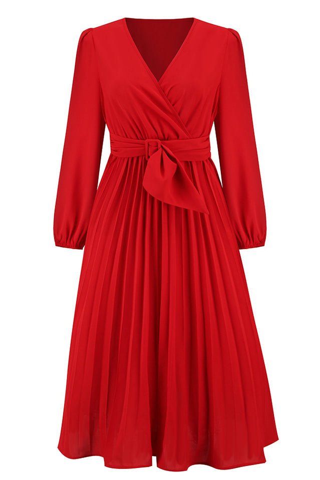 Pleated Belt V - Neck Dress - WEUXS