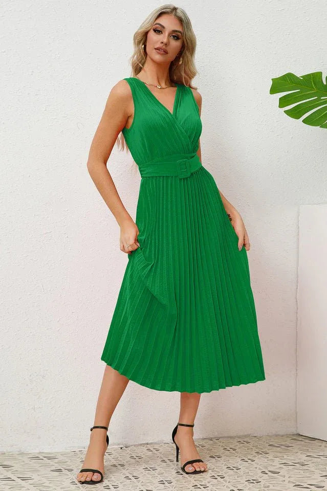 Sleeveless V-neck Maxi Dress with Belt - View 9 | WEUXS