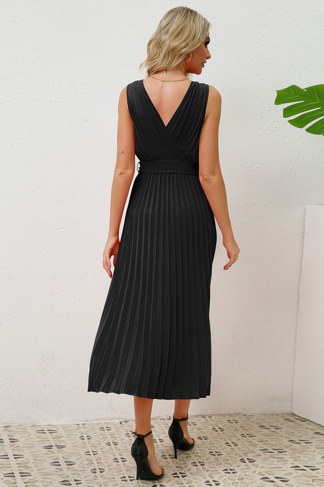 Pleated Sleeveless Dress with Belt - WEUXS