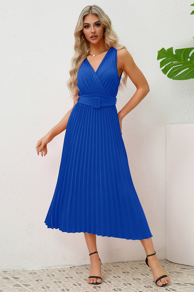 Pleated Sleeveless Dress with Belt - WEUXS
