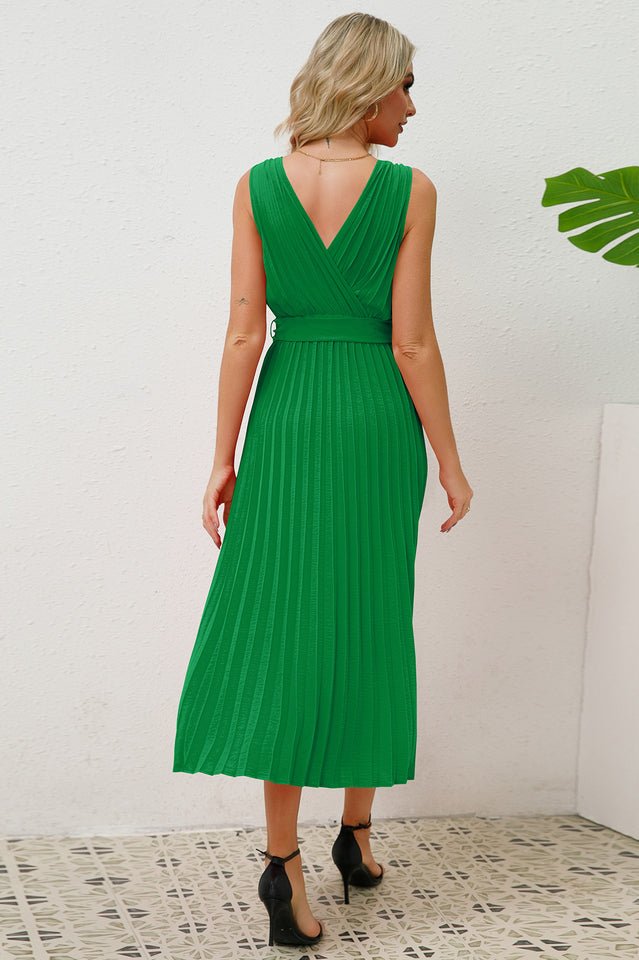 Pleated Sleeveless Dress with Belt - WEUXS