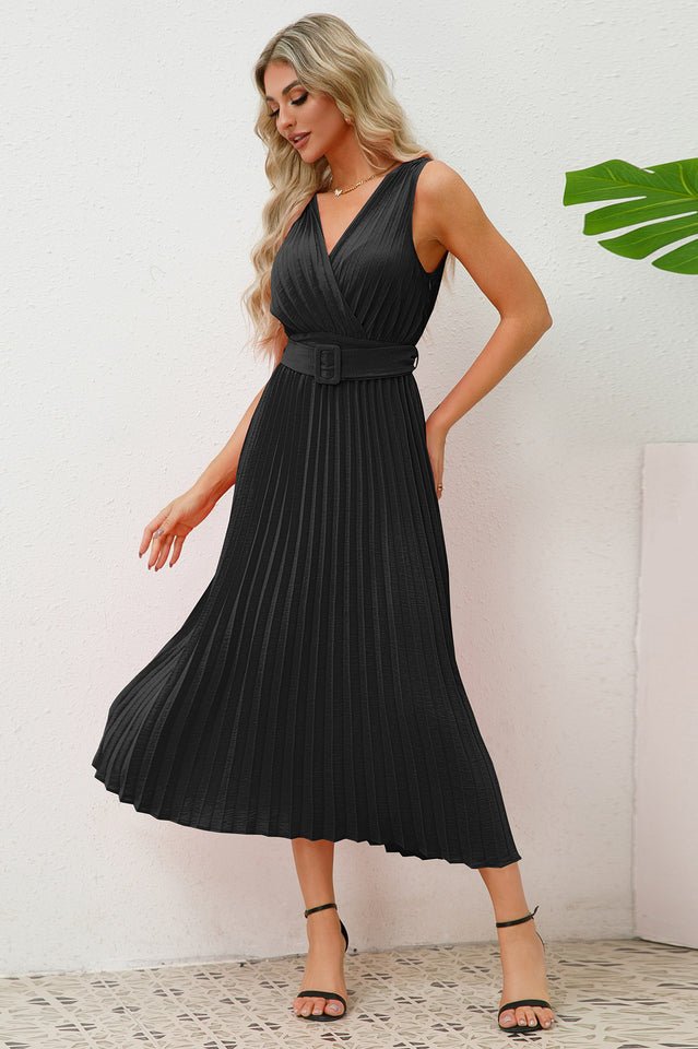 Pleated Sleeveless Dress with Belt - WEUXS
