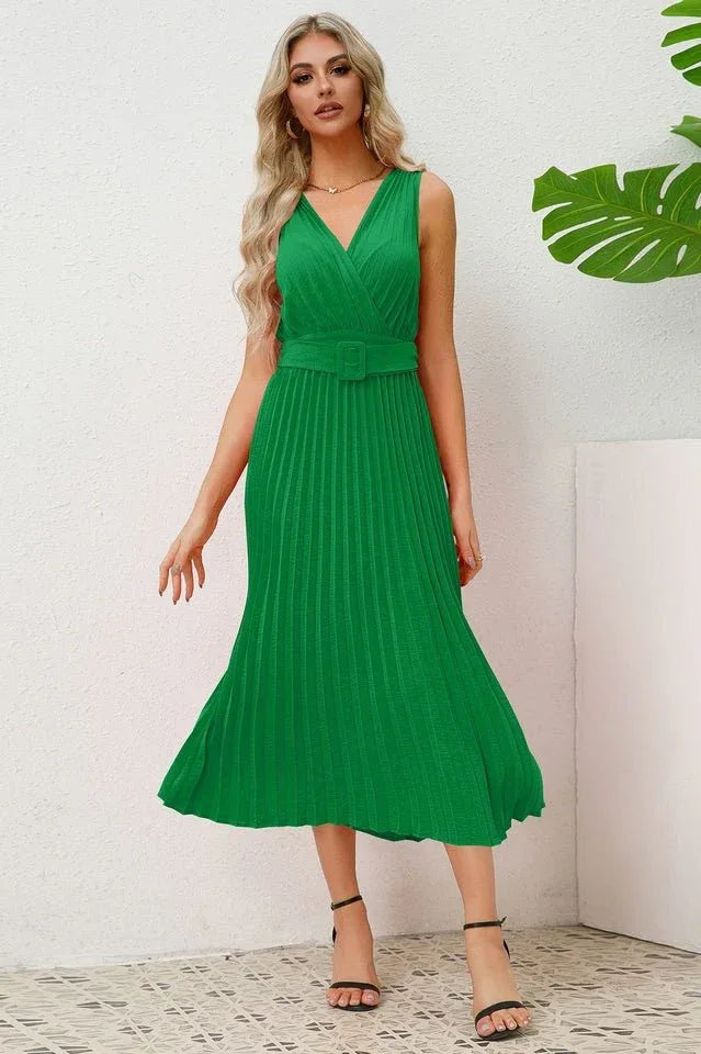 Sleeveless V-neck Maxi Dress with Belt - View 8 | WEUXS