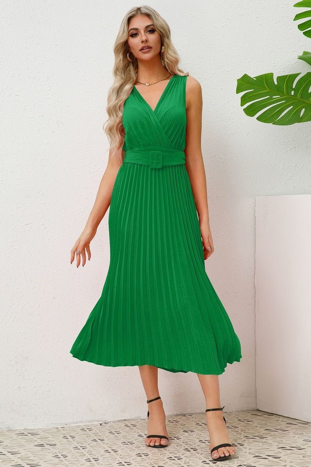 Pleated Sleeveless Dress with Belt - WEUXS