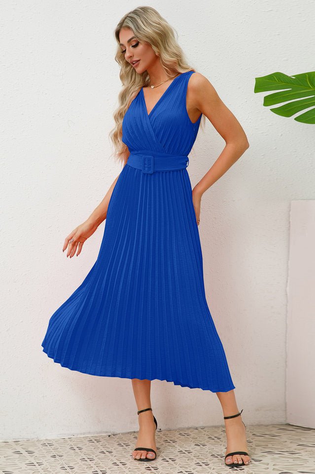 Pleated Sleeveless Dress with Belt - WEUXS