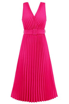 Front view of a bright pink sleeveless V-neck midi dress with a pleated skirt and matching belt, isolated on a white background.