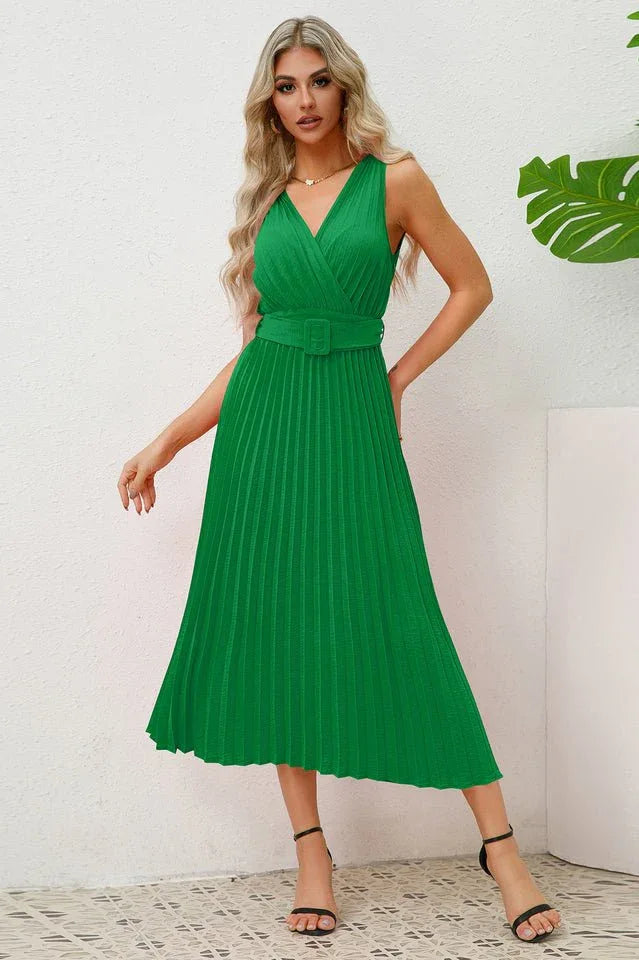Sleeveless V-neck Maxi Dress with Belt - View 7 | WEUXS