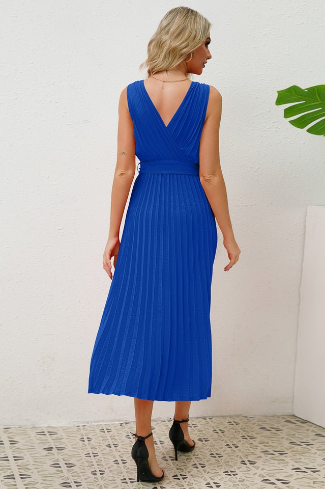 Pleated Sleeveless Dress with Belt - WEUXS