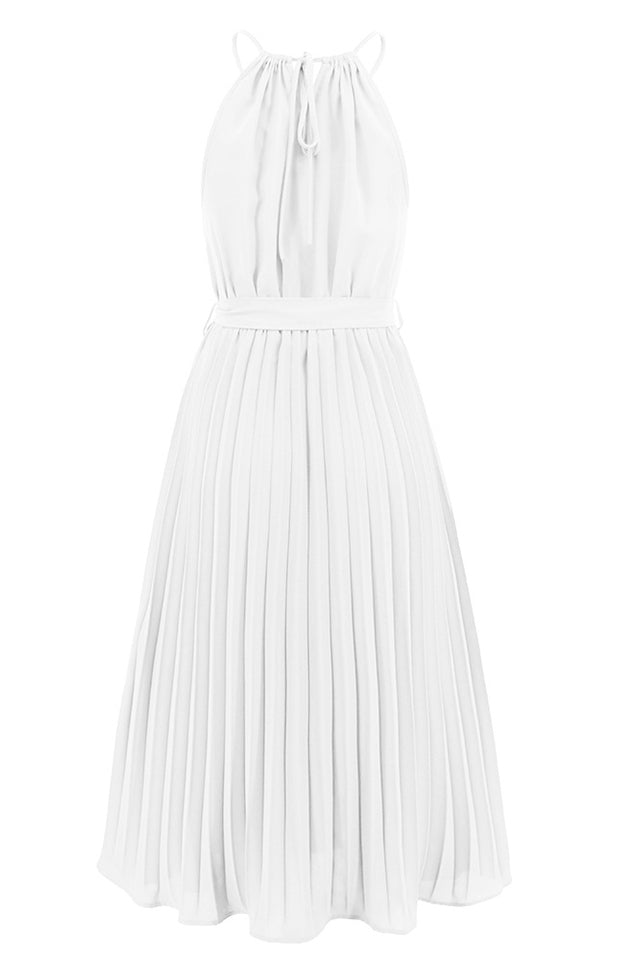 Pleated Spaghetti Strap Tie Waist Midi Dress - WEUXS