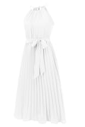 Pleated Spaghetti Strap Tie Waist Midi Dress - WEUXS