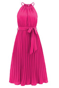 Pleated Spaghetti Strap Tie Waist Midi Dress - WEUXS