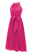 Pleated Spaghetti Strap Tie Waist Midi Dress - WEUXS