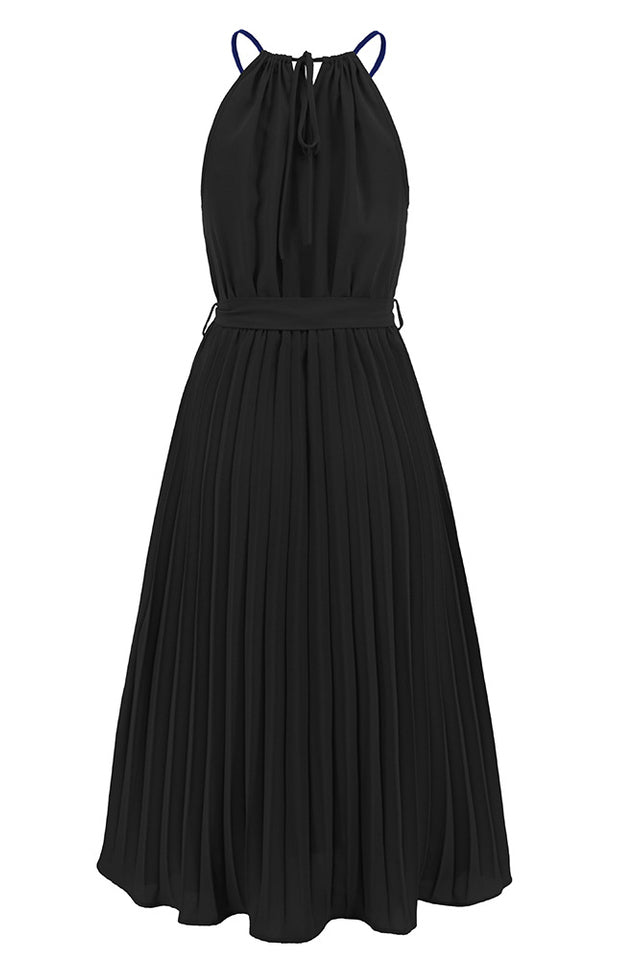 Pleated Spaghetti Strap Tie Waist Midi Dress - WEUXS
