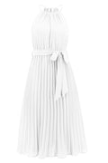 Pleated Spaghetti Strap Tie Waist Midi Dress - WEUXS