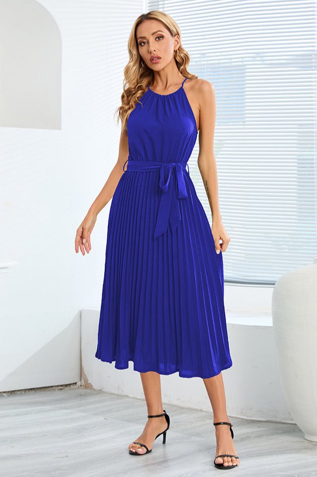 Pleated Spaghetti Strap Tie Waist Midi Dress - WEUXS