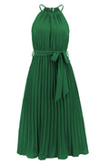 Pleated Spaghetti Strap Tie Waist Midi Dress - WEUXS