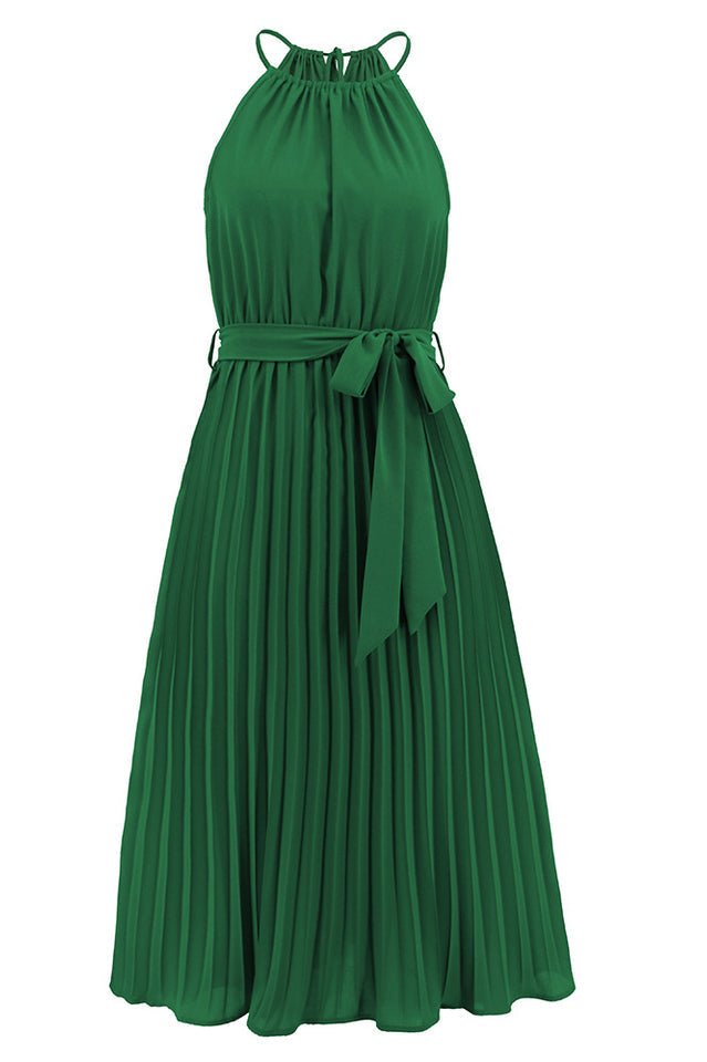Pleated Spaghetti Strap Tie Waist Midi Dress - WEUXS