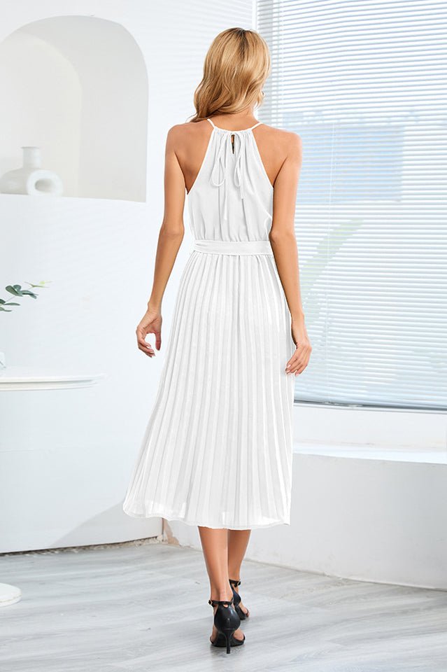Pleated Spaghetti Strap Tie Waist Midi Dress - WEUXS