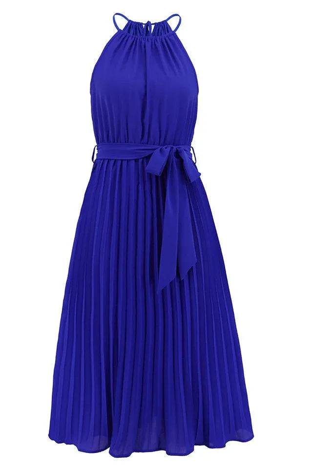 Detail of the royal blue pleated halter neck midi dress with a self-tie belt, front view