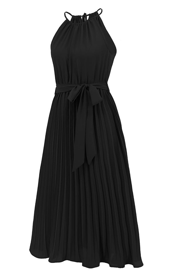 Pleated Spaghetti Strap Tie Waist Midi Dress - WEUXS