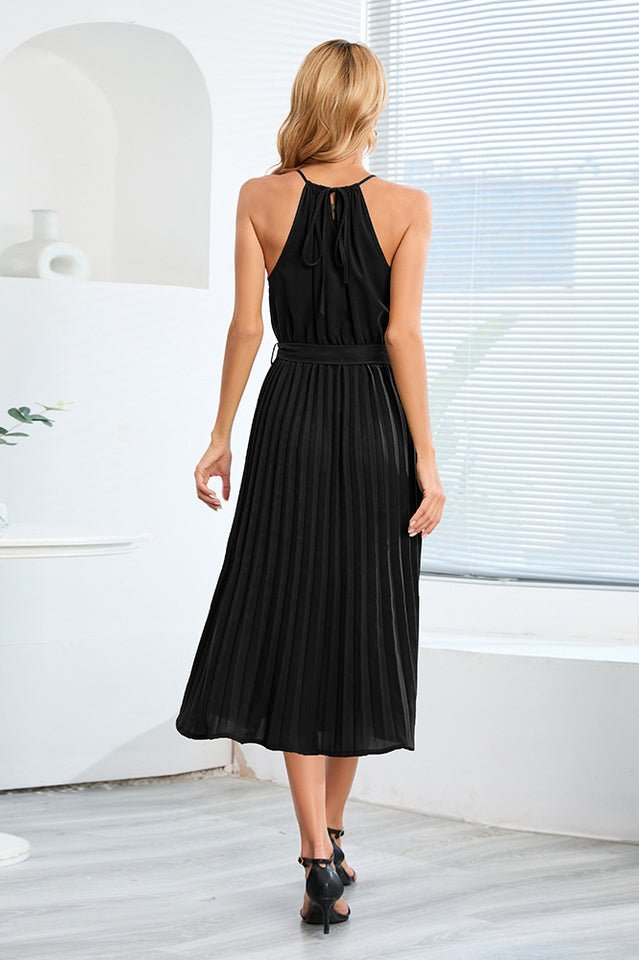 Pleated Spaghetti Strap Tie Waist Midi Dress - WEUXS