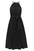 Pleated Spaghetti Strap Tie Waist Midi Dress - WEUXS
