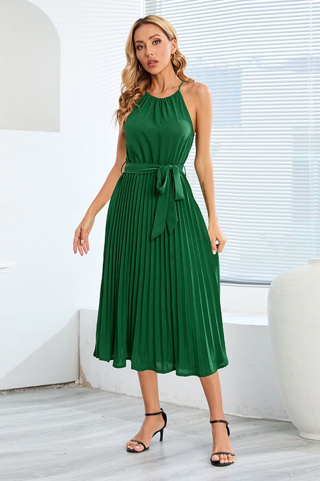 Pleated Spaghetti Strap Tie Waist Midi Dress - WEUXS