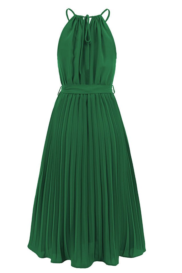 Pleated Spaghetti Strap Tie Waist Midi Dress - WEUXS
