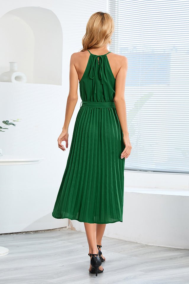 Pleated Spaghetti Strap Tie Waist Midi Dress - WEUXS