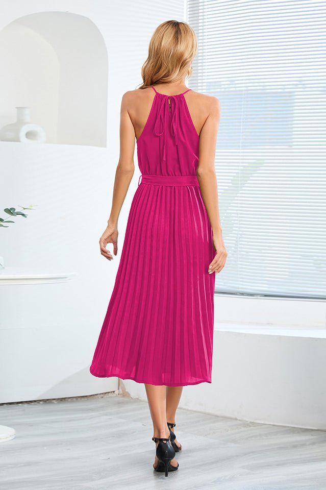 Pleated Spaghetti Strap Tie Waist Midi Dress - WEUXS