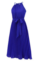 Detail of the royal blue pleated halter neck midi dress with a self-tie belt, side view