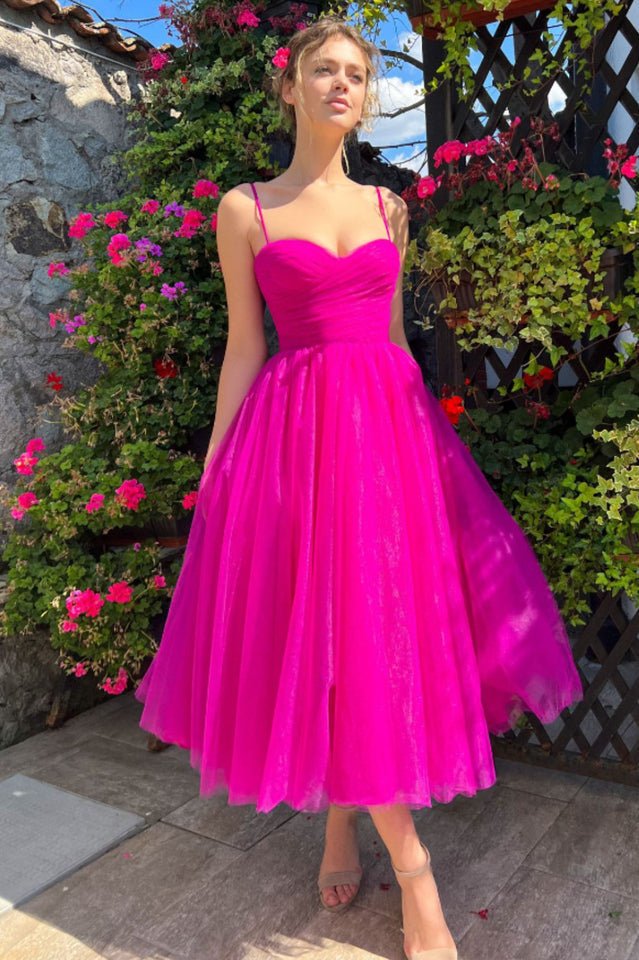 Pleats Spaghetti Straps Midi Dress - WEUXS