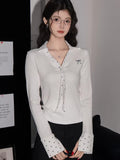 Ribbed V-Neck Top with Polka Dot Trim - View 6 | WEUXS