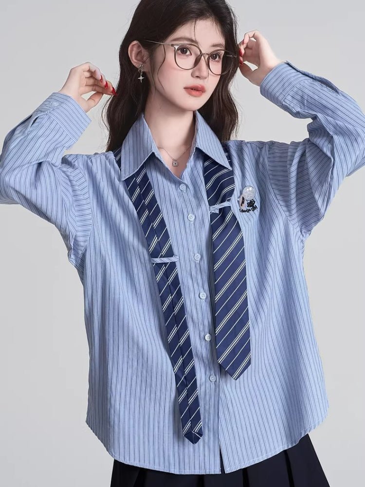 Striped button-down shirt with necktie - View 6 | WEUXS