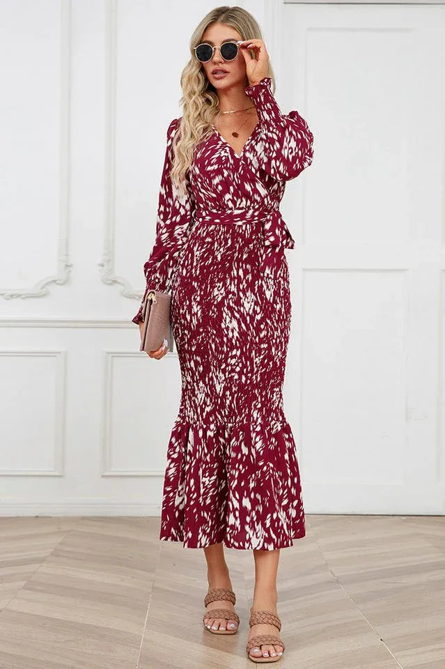 Printed V-Neck Smocked Midi Dress - View 14 | WEUXS