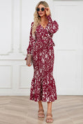 Printed V Neck Smocked Midi Dress - WEUXS