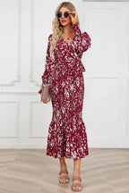 Printed V-Neck Smocked Midi Dress - View 14 | WEUXS