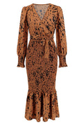 Printed V Neck Smocked Midi Dress - WEUXS